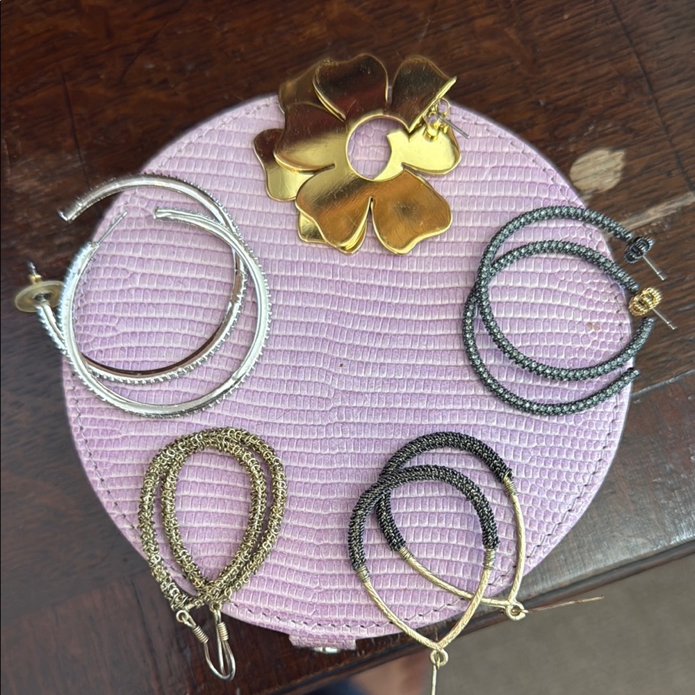 Gold Flower Brooch and Mixed Metal Hoop Earrings Set